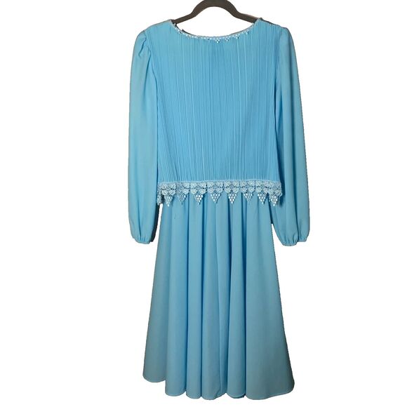 Vtg 80s Blue Midi Dress S-M Blouson White Lace 70s Mother of Bride Boston Maid - Picture 2 of 12